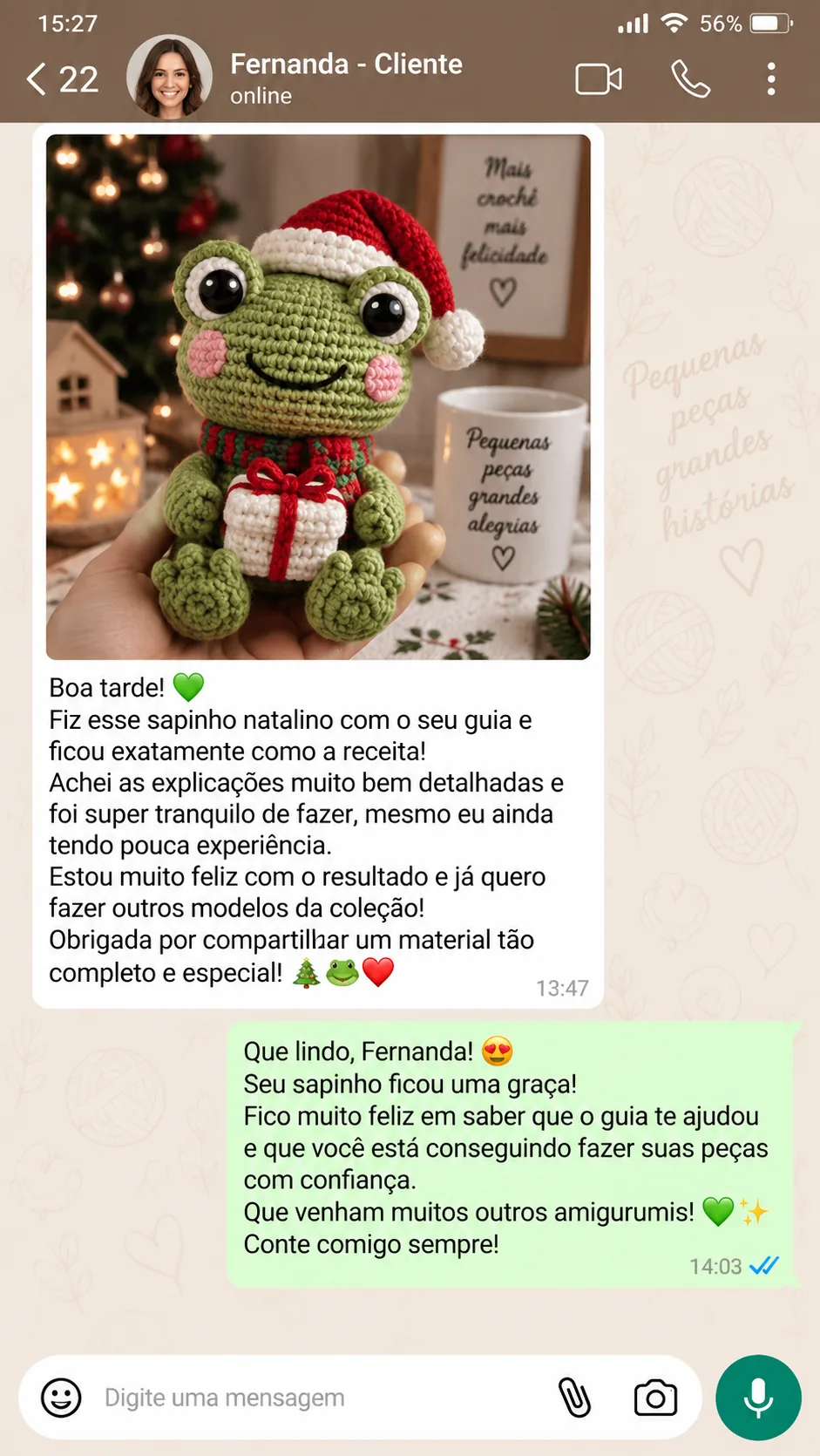 Depoimento de cliente que fez um amigurumi com o guia