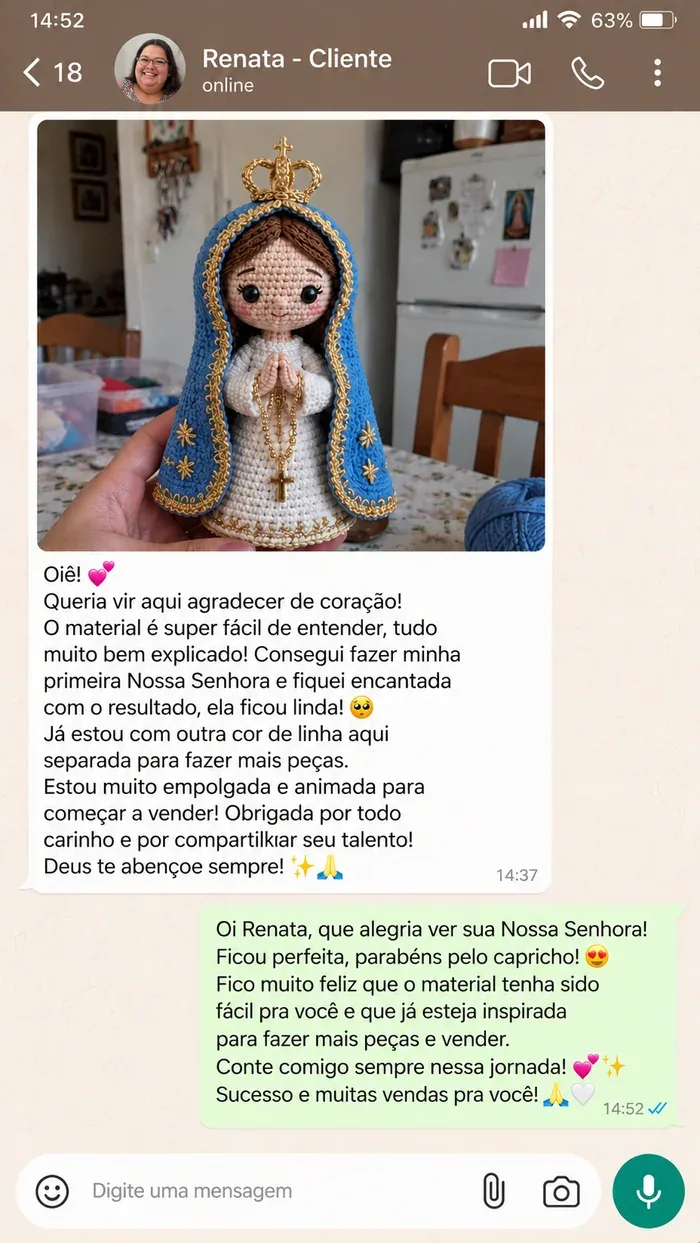 Depoimento de cliente que fez um amigurumi com o guia