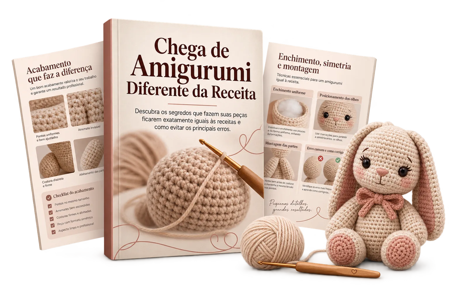 E-book Chega de Amigurumi Diferente da Receita, com páginas de acabamento, simetria e montagem