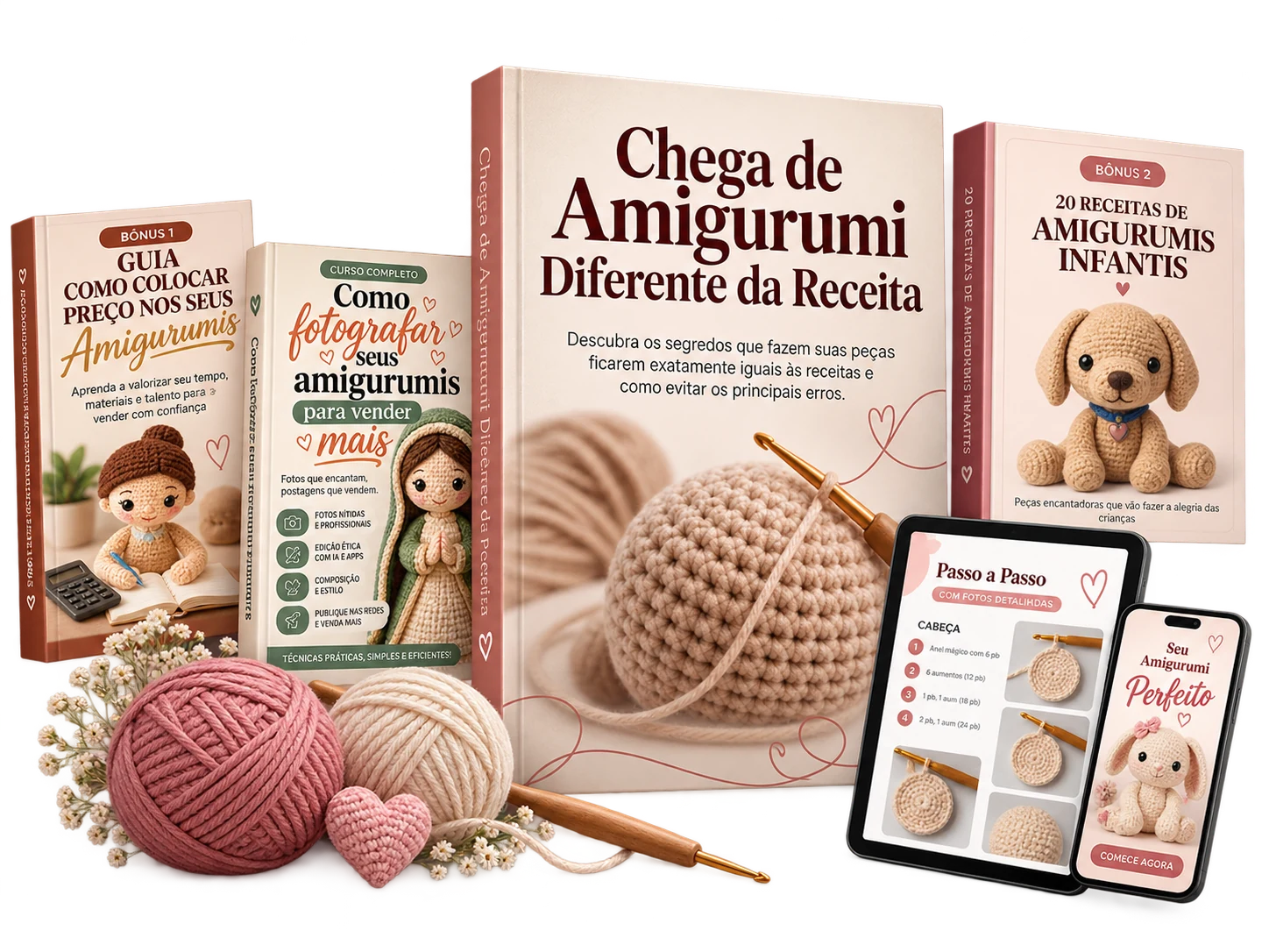 Pacote completo: guia Chega de Amigurumi Diferente da Receita e os 3 bônus