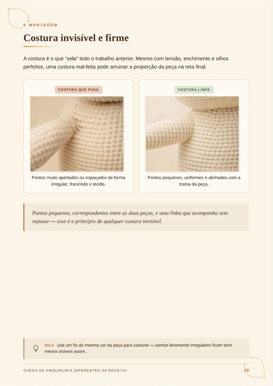 Página do material: costura invisível e firme